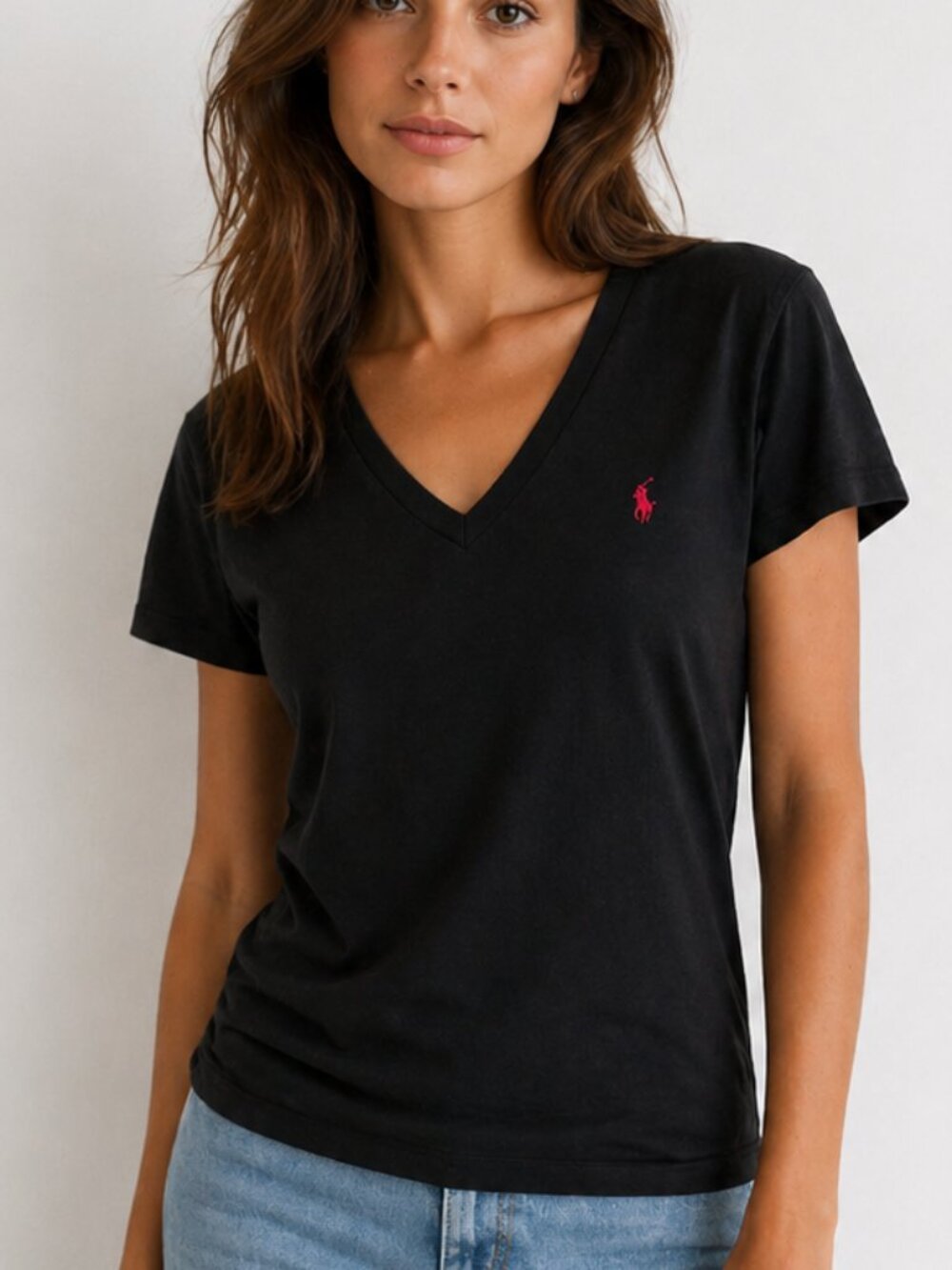 Vintage XL Ralph Lauren Sport Black V-Neck Tee with Red Pony Embroidery
